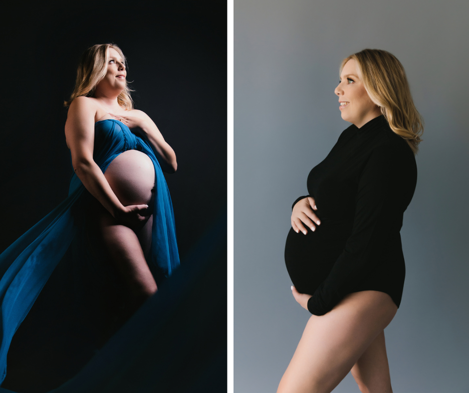 Side by side image of a pregnant woman.  On the right, in a black long sleeved body suit with a grey backdrop.  On the left, draped in blue silks with a black backdrop.  Photography by Lindsay Hite