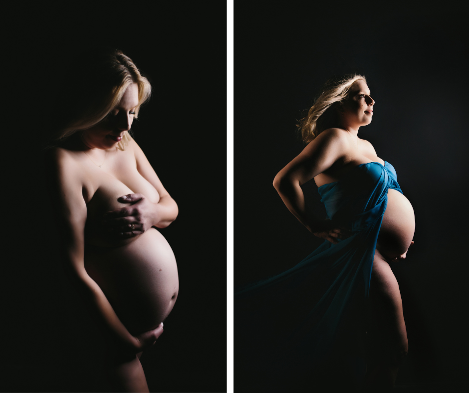 Side by side image of a pregnant woman.  On the left, nude.  On the right, in a blue silk.  Both with a black backdrop.  Photography by Lindsay Hite