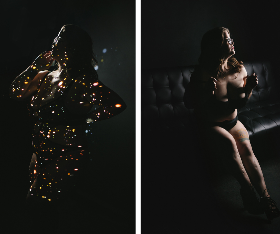 Side by side image of a woman with black backdrops.  On the left, a nod to camera obscura portraits, on the right, in black lingerie sitting on a black sofa. by Lindsay Hite