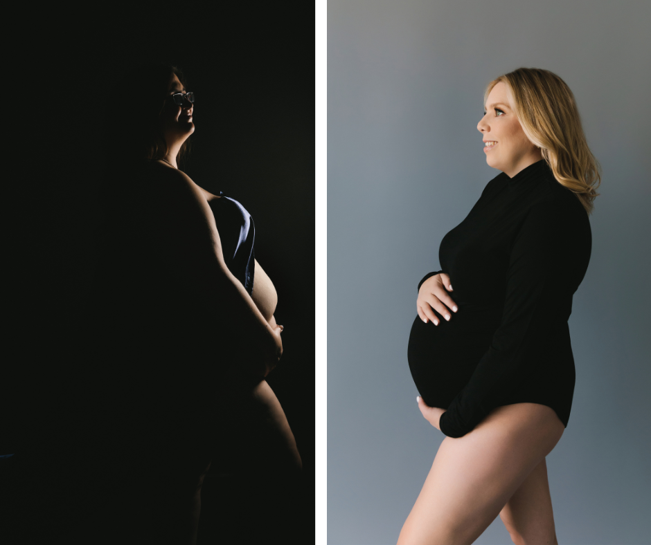 Side by side image of two different pregnant women.  The woman on the left with in blue draping satin fabric with a black backdrop.  On the right, a woman with a long sleeve black leotard against a grey background.  Boudoir photography by Lindsay Hite