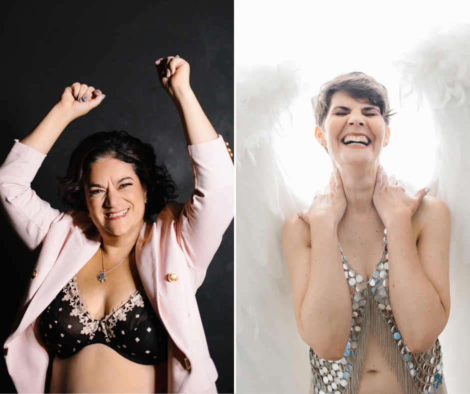 Side by side image of two different mothers in a boudoir session.  On the left, a woman in a black bra and pink jacket with a black background.  On the right, a woman in a silver sequence top with white angel wings and a white background. 