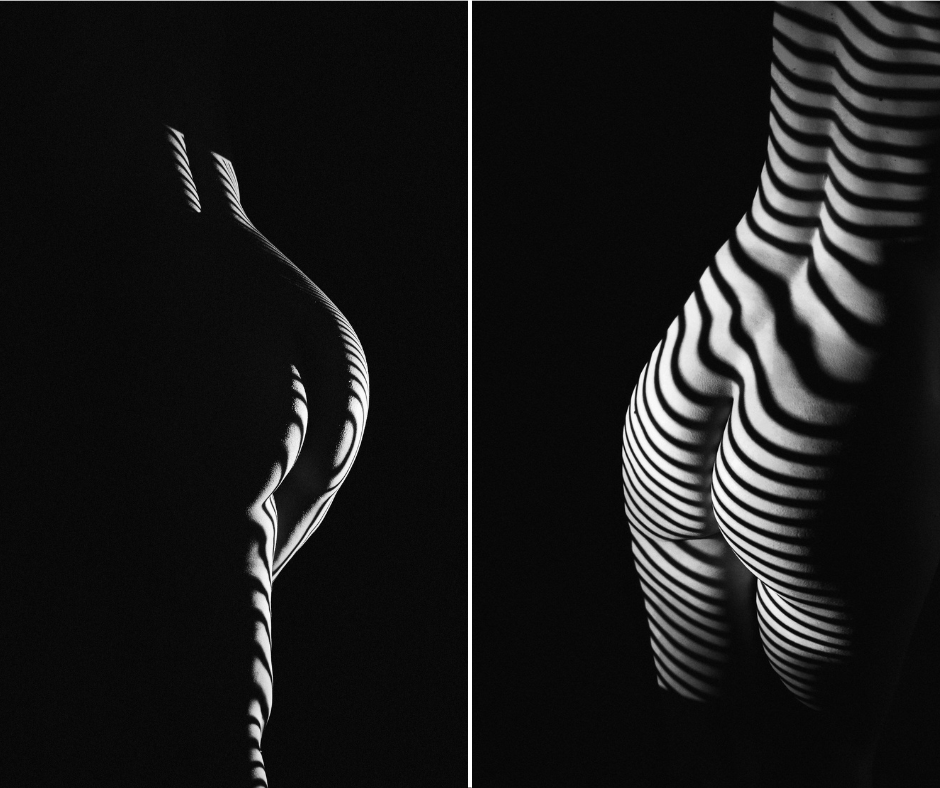 Two side by side images of a naked woman's backside with stripes superimposed over her with a dark background. She talks about how getting nearly naked her her self-confidence Photography by Michelle DeVoe at Show Your Spark