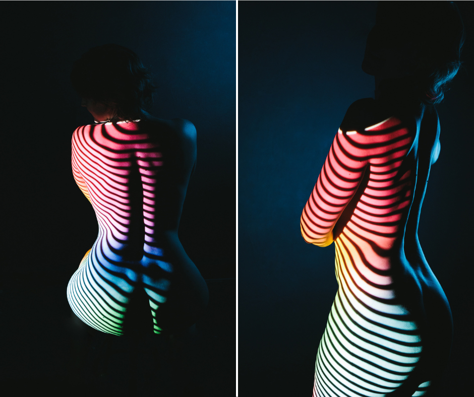 Two side by side images of a naked woman's backside with stripes superimposed over her with a dark background. She talks about how getting nearly naked her her self-Photography by Michelle DeVoe at Show Your Spark
