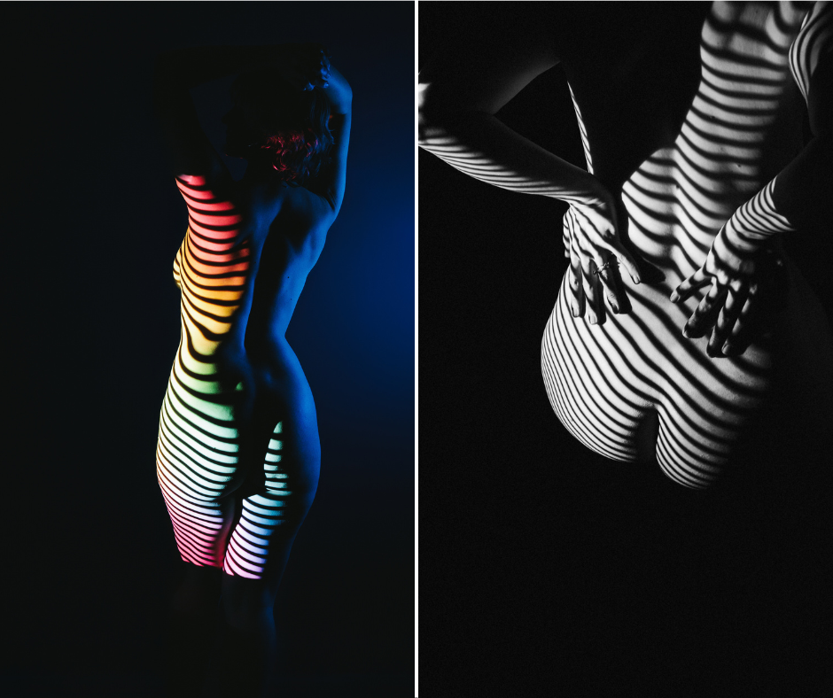 Two side by side images of a naked woman's backside with stripes superimposed over her with a dark background. She talks about how getting nearly naked her her self-confidence Photography by Michelle DeVoe at Show Your Spark