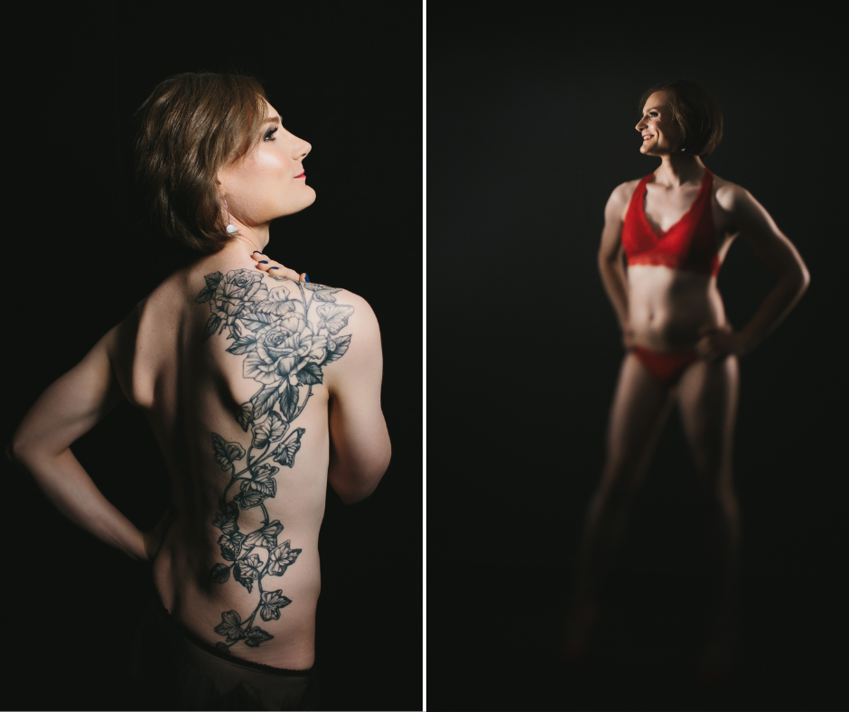 Side by Side image of a woman experiencing the power of boudoir photography.  On the left, a woman topless showing offer her back tattoo.  On the right, a woman in red lingerie standing with a black backdrop.
