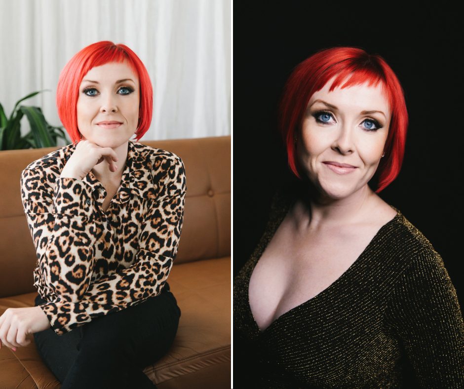 Side by side 2 images of a woman with bright red hair.  On the left, a woman with an animal print shirt sitting on a leather sofa.  On the right, woman wearing a gold shirt with a black background.