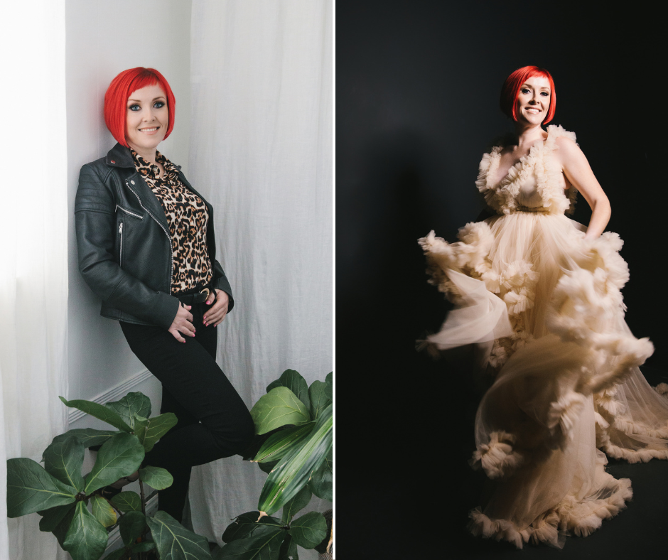 Side by side image of woman: on the Left, woman in animal print shirt, black pants, and leather coat standing up against a white background.  On the Right, same woman in a white fluffy dress.  Boudoir Photography by Lindsay Hite