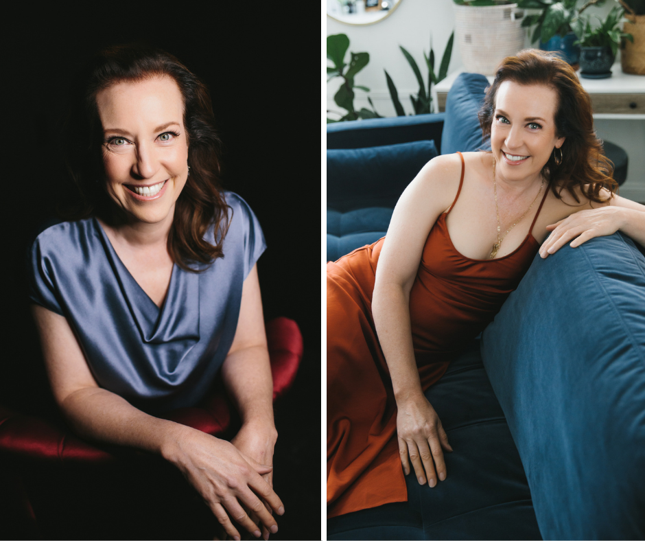 Side by side image of woman.  On the left, wearing a blue silk top with a black backdrop.  On the right, a woman in rust colored dress leaning on a blue sofa using photography as a tool for self-discovery and empowerment. Photography by Lindsay Hite