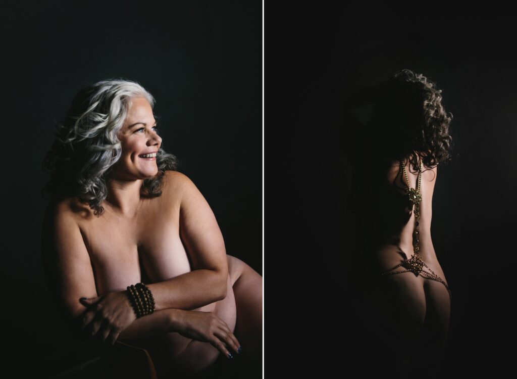 Woman posed in artistic nudes with black backdrop.  Photography by Lindsay Hite