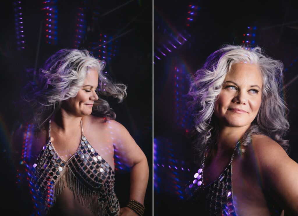 Side by side image of woman in silver sequence top with disco-feel in the background.  Photography by Lindsay Hite