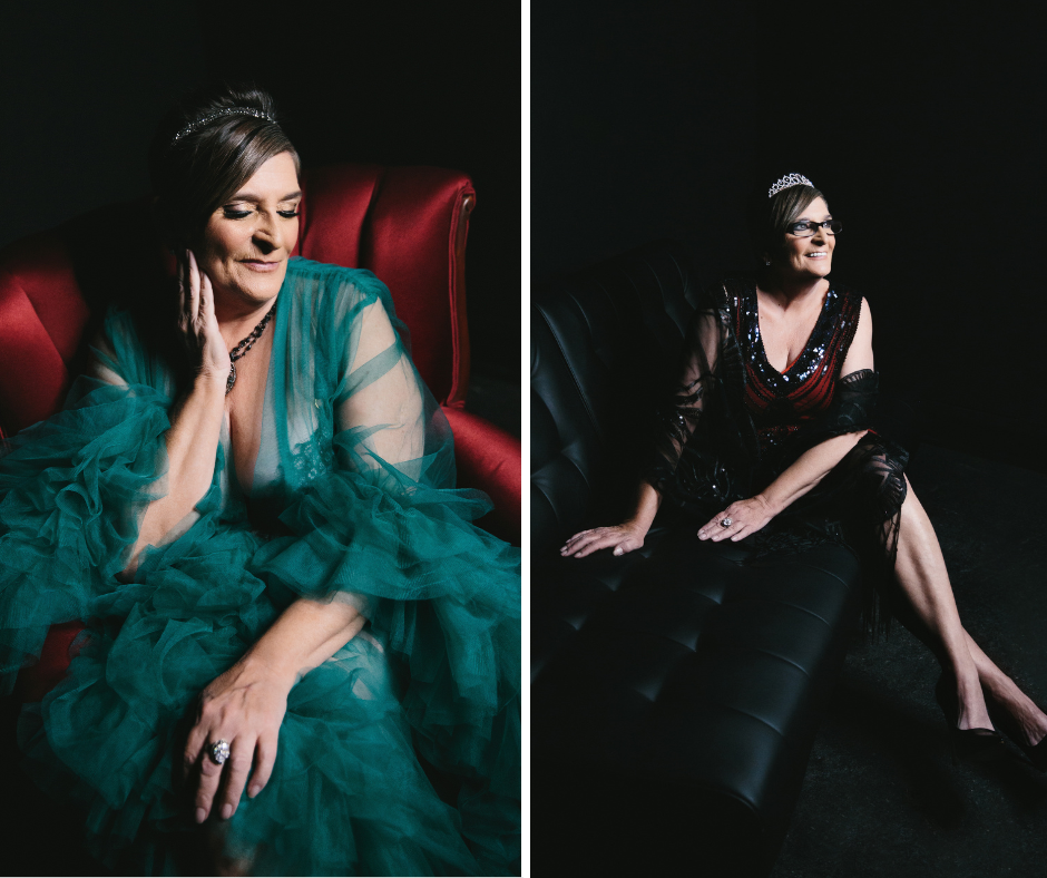 Side by side of a woman, age 61, displaying self-love.  Photography by Lindsay Hite