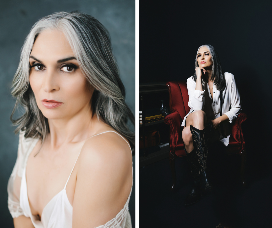 Side by side image of the same woman, on the left, looking directly at the camera in a white top, on the left sitting in a red velvet chair in a white blouse and black book looking fierce as she rediscovers herself after forty.  Photography by Lindsay Hite