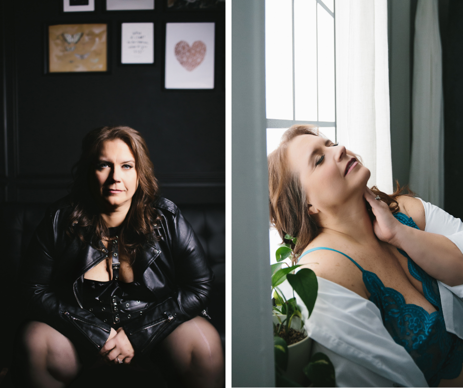 Side-by-side image of the same woman:  On the left, wearing a black leather jacket and black lingerie sitting on  a black sofa with a dark background.  on the right, in teal lingerie and a white button-down shirt leaning against a window.  Photography by Lindsay Hite. 