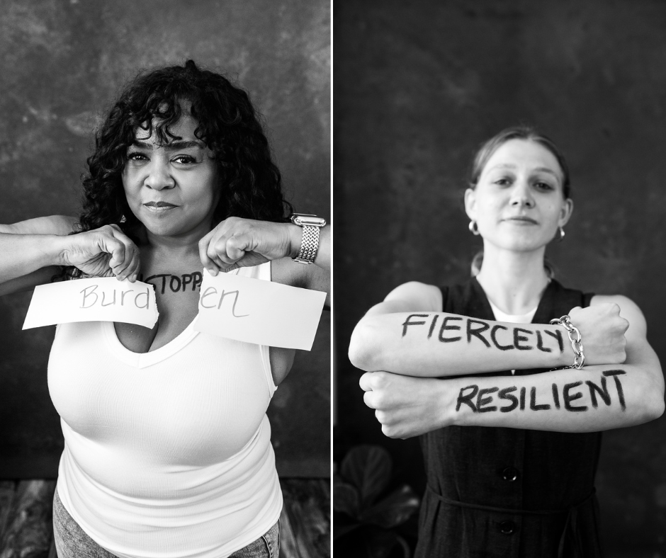 On the left, a woman is releasing the word "burden" and embracing the word unstoppable. On the right, a woman claiming "fiercely resilient." Photography by Lindsay Hite. 
